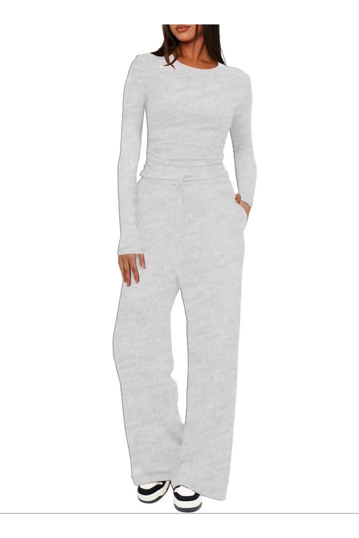 SOLOBUY Pyjamas Set Jersy Women's Long-Sleeved, Elastic Waist, Colar Round, Pants, Color Light Gray - Image 1