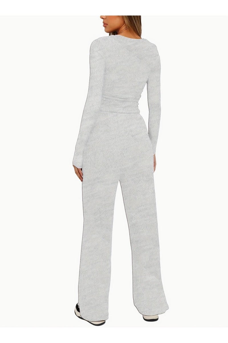 SOLOBUY Pyjamas Set Jersy Women's Long-Sleeved, Elastic Waist, Colar Round, Pants, Color Light Gray - Image 2