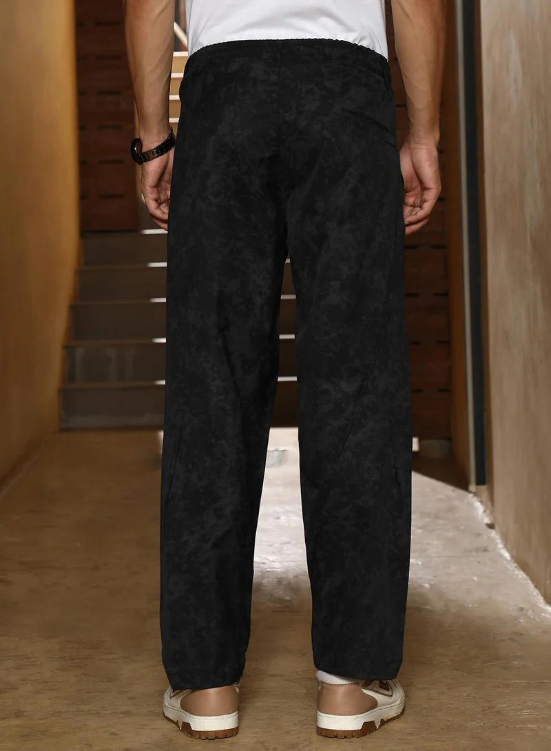 CAHOOT  Men Splatter-Imprint Straight-Fit Trousers | Mid-Rise , Elasticated Waistband | Half-Button , Straight Hem | Abstract Print Plain | Woven Fabric For Casual & Daily Wear | Midnight Black for Men | Best Price UAE