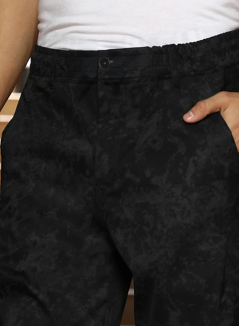 CAHOOT  Men Splatter-Imprint Straight-Fit Trousers | Mid-Rise , Elasticated Waistband | Half-Button , Straight Hem | Abstract Print Plain | Woven Fabric For Casual & Daily Wear | Midnight Black for Men | Best Price UAE
