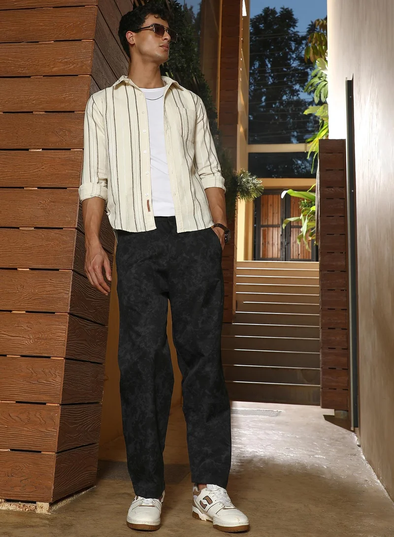CAHOOT  Men Splatter-Imprint Straight-Fit Trousers | Mid-Rise , Elasticated Waistband | Half-Button , Straight Hem | Abstract Print Plain | Woven Fabric For Casual & Daily Wear | Midnight Black for Men | Best Price UAE