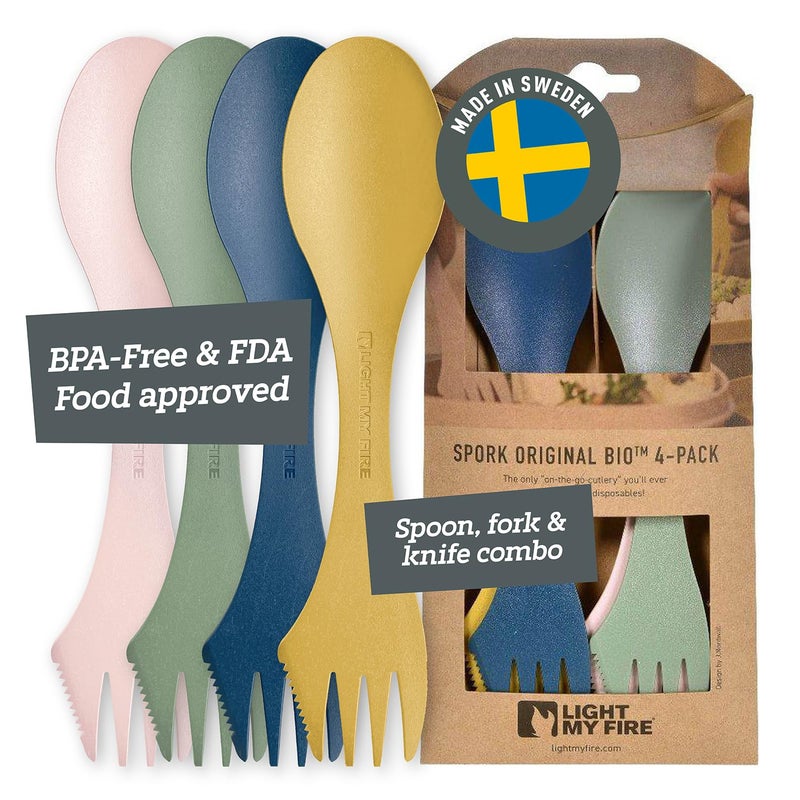 Light My Fire Spork Original 4-Pack 3-in-1 Camping Spoon Fork Knife Combo Reusable Travel & Camping Utensils Lunch Spork Outdoor Backpacking Hiking Picnic Utensil BPA Free, Nature - Image 1