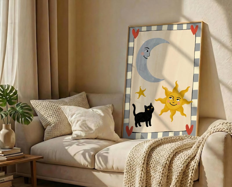 TNESSENTIAL Sun And Moon Cat Print – Whimsical Nursery Wall Art, Celestial Black Cat Poster, Cute Kids Room Decor, Baby Shower Gift, Playful Cat Art - Image 3