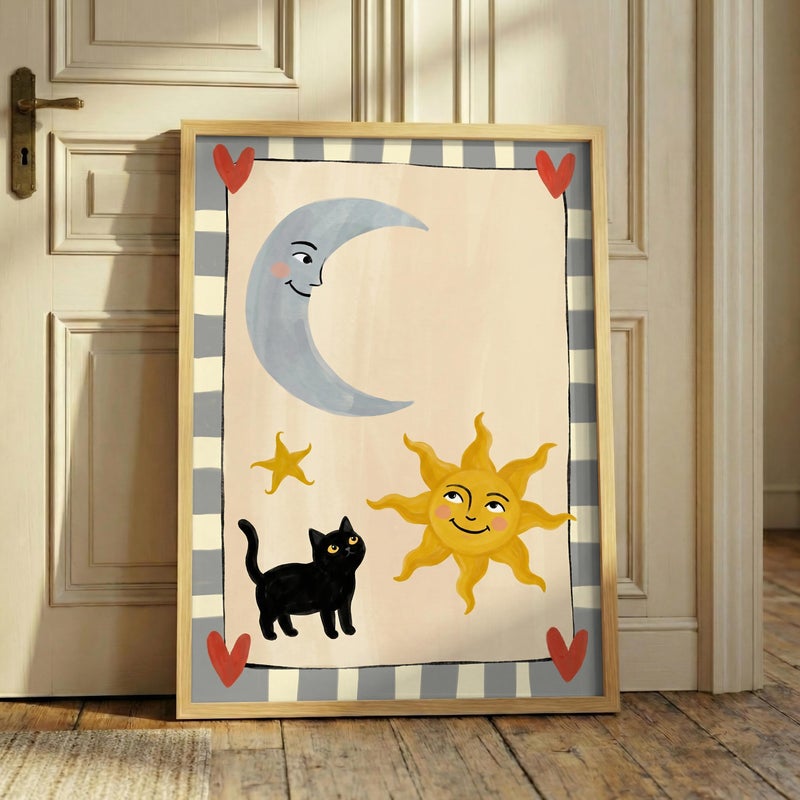 TNESSENTIAL Sun And Moon Cat Print – Whimsical Nursery Wall Art, Celestial Black Cat Poster, Cute Kids Room Decor, Baby Shower Gift, Playful Cat Art - Image 1
