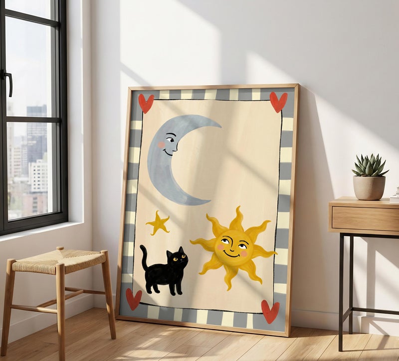 TNESSENTIAL Sun And Moon Cat Print – Whimsical Nursery Wall Art, Celestial Black Cat Poster, Cute Kids Room Decor, Baby Shower Gift, Playful Cat Art - Image 4