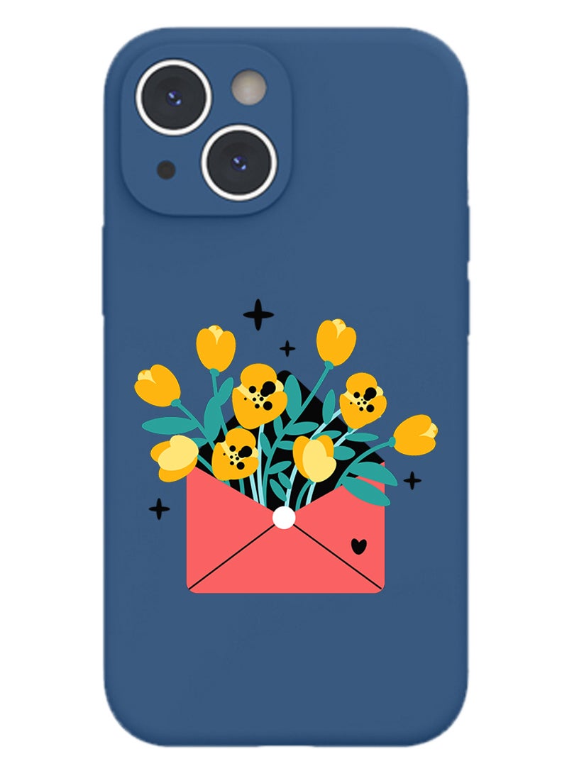 Theodor Protective Slim Fit Case Liquid Silicone Cover with Full Body Protection Anti-Scratch Shockproof Case For iPhone 14 Blue  - Flowers - Image 1