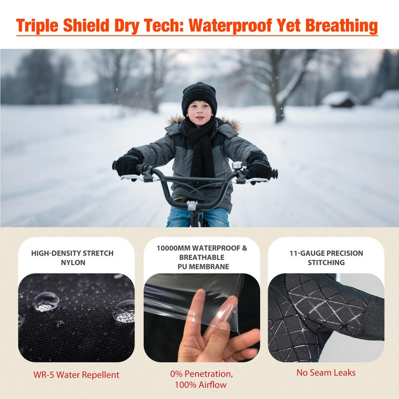 Origem Kids Gloves Winter with 3M Thinsulate Insulation, Waterproof Windproof Thermal Touchscreen Anti-Slip Cycling Gloves for Running Skiing Snow Sports, Boys Girls Aged 4-12 Years - Image 3