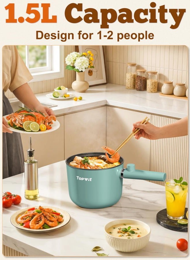 Topwit Hot Pot Electric, 1.5L Ramen Cooker, Portable Non-Stick Frying Pan for Pasta, Steak, BPA Free, Dual Power Control, Over-Heating & Boil Dry Protection, Green - Image 2