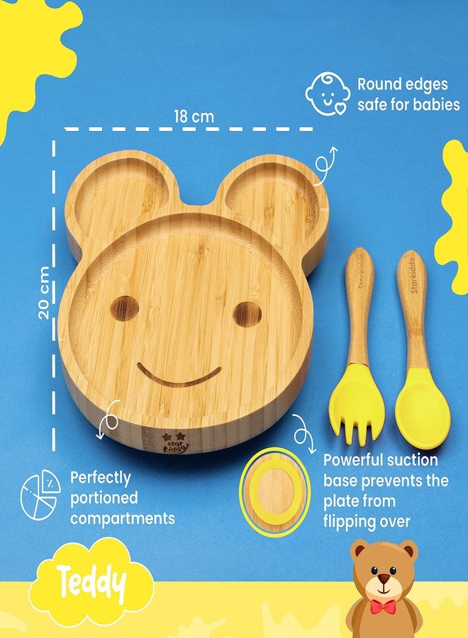 StarKiddo ® ‘Teddy’ Bamboo Suction Plates for Baby and Toddler | Weaning Spoon & Fork | Non-Toxic | Super Strong Suction | Cool to The Touch | Ideal for Baby-Led Weaning [Yellow] - Image 2