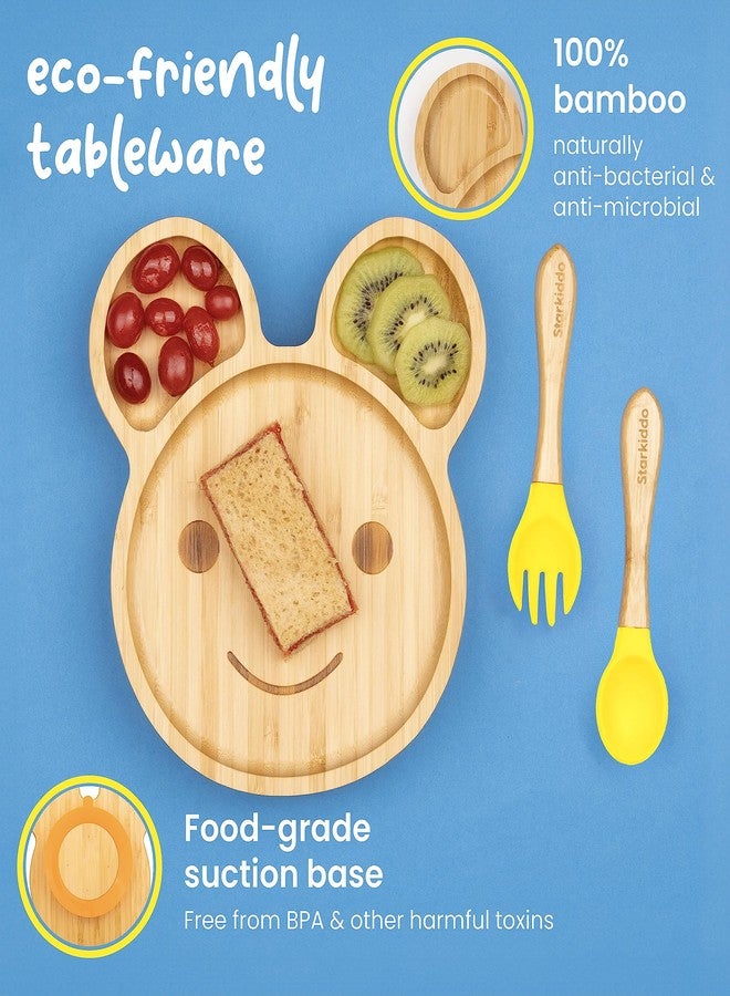 StarKiddo ® ‘Teddy’ Bamboo Suction Plates for Baby and Toddler | Weaning Spoon & Fork | Non-Toxic | Super Strong Suction | Cool to The Touch | Ideal for Baby-Led Weaning [Yellow] - Image 4