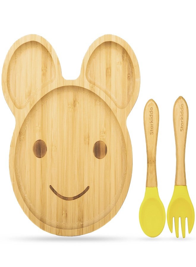 StarKiddo ® ‘Teddy’ Bamboo Suction Plates for Baby and Toddler | Weaning Spoon & Fork | Non-Toxic | Super Strong Suction | Cool to The Touch | Ideal for Baby-Led Weaning [Yellow] - Image 1