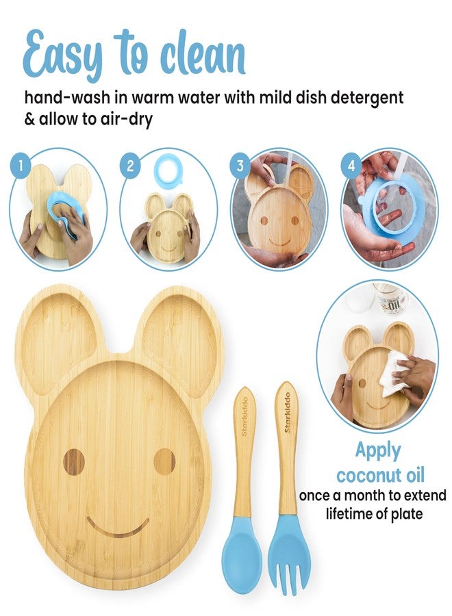 StarKiddo ® ‘Teddy’ Bamboo Suction Plates for Baby and Toddler | Weaning Spoon & Fork | Non-Toxic | Super Strong Suction | Cool to The Touch | Ideal for Baby-Led Weaning [Yellow] - Image 3