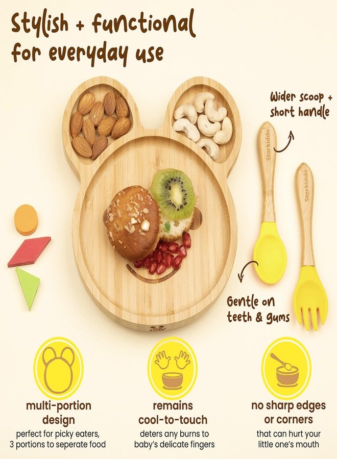 StarKiddo ® ‘Teddy’ Bamboo Suction Plates for Baby and Toddler | Weaning Spoon & Fork | Non-Toxic | Super Strong Suction | Cool to The Touch | Ideal for Baby-Led Weaning [Yellow] - Image 5