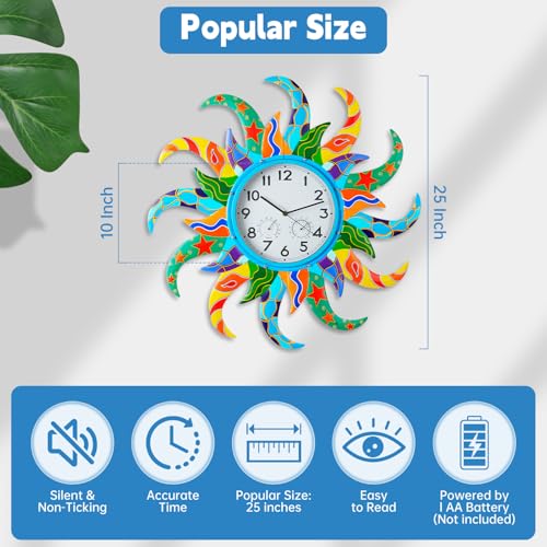 Jusimux Large Blue Sun Outdoor Clock with Thermometer and Hygrometer Combo Silent NoTicking Outdoor Wall Clock Waterproof Quartz Clock for Patio Living Room Kitchen Garden 25 Inch - Image 3