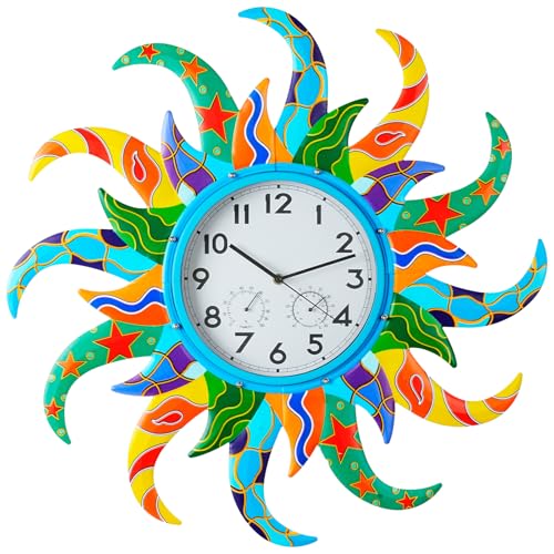 Jusimux Large Blue Sun Outdoor Clock with Thermometer and Hygrometer Combo Silent NoTicking Outdoor Wall Clock Waterproof Quartz Clock for Patio Living Room Kitchen Garden 25 Inch - Image 1