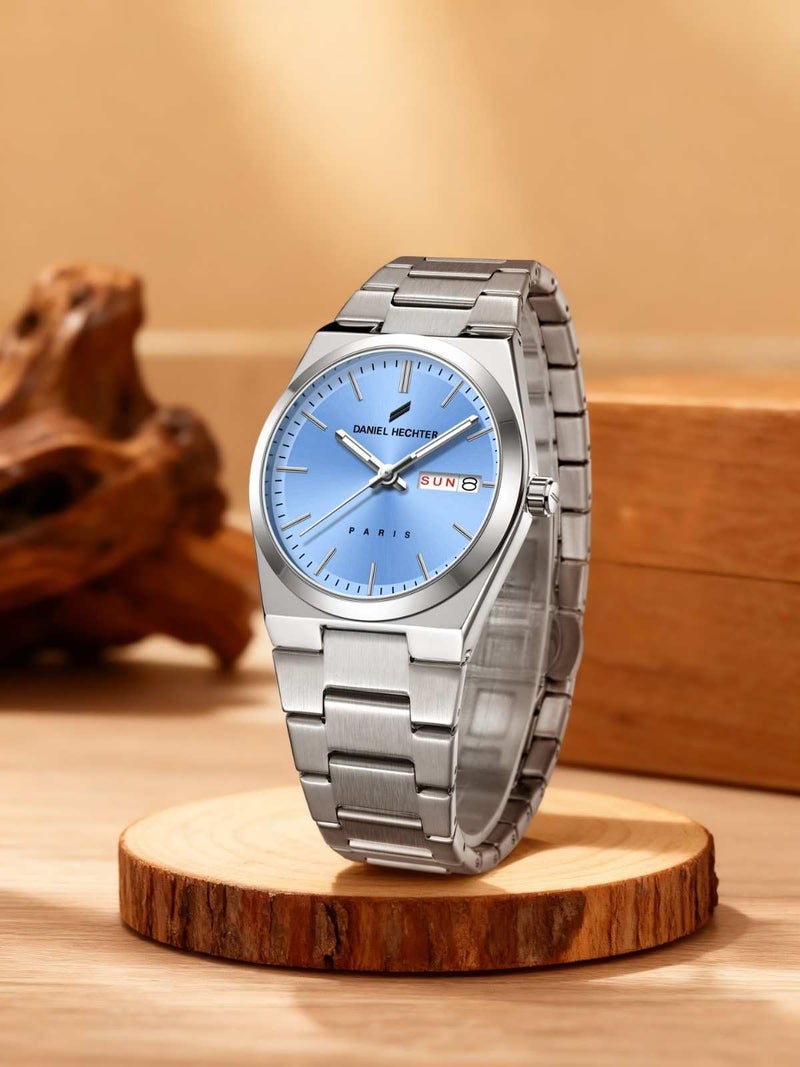 Daniel Hechter Paris Hoche Collection Formal Analog Watch for Men – Round dial and Silver Stainless Steel Strap with Day-Date Display (Dial:Aqua, Strap:White) - Image 3