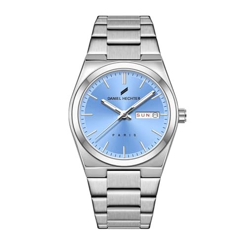 Daniel Hechter Paris Hoche Collection Formal Analog Watch for Men – Round dial and Silver Stainless Steel Strap with Day-Date Display (Dial:Aqua, Strap:White) - Image 1