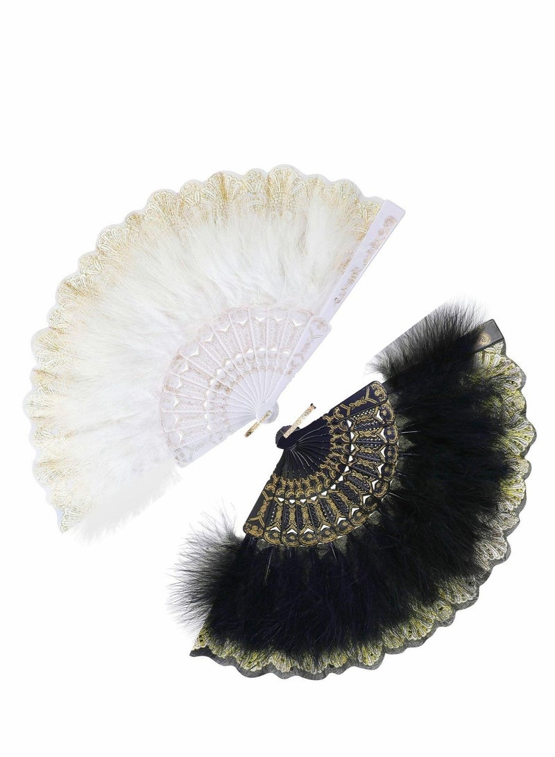 GMORO Feather Hand Fan, 2 Pcs Folding Hand Fan Queen Fan for 20s Women Costume Party Dancing Photoshoot Wedding Decor (White, Black) - Image 1