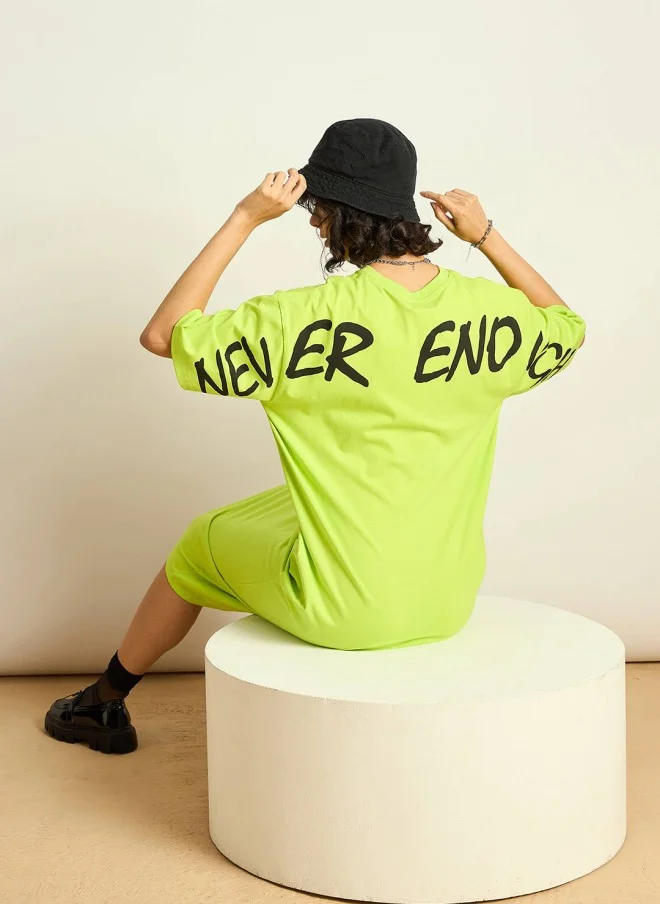 SASSAFRAS Green Typographic Printed T-Shirt Dress for Women