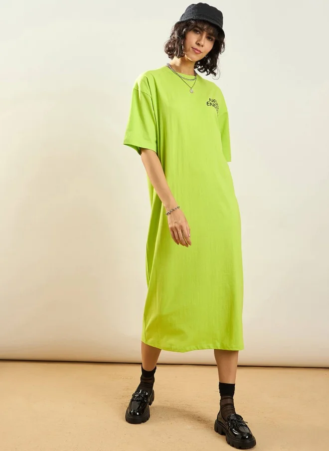 SASSAFRAS Green Typographic Printed T-Shirt Dress for Women
