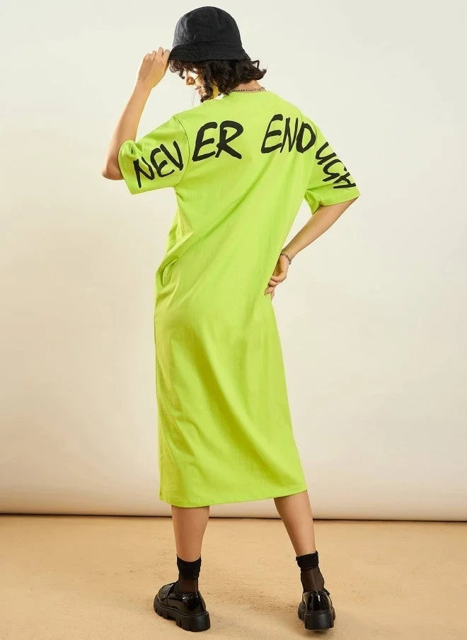SASSAFRAS Green Typographic Printed T-Shirt Dress for Women