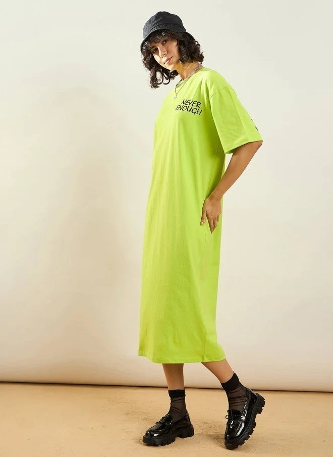 SASSAFRAS Green Typographic Printed T-Shirt Dress for Women