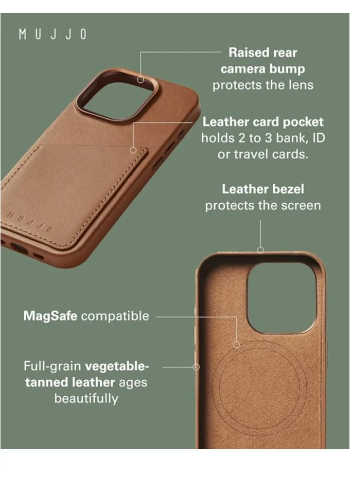 Mujjo Mujjo Leather Wallet Case for iPhone 16 Pro - Premium European Leather Case with Card Pocket, Enhanced Phone & Camera Lens Protection, MagSafe Compatible Tan Color