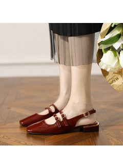 2024 Autumn New Vintage French Style Womens Pumps Square Head Rough Heel Back Space Double Row Buckle Mary Sandals Rubber Upper Wine red