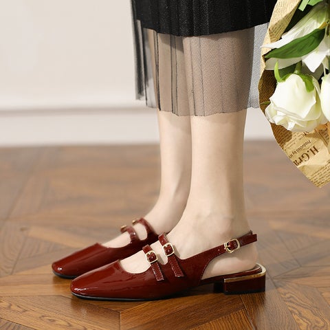 Autumn 2024 New French Retro Toe Sandals Womens Square Toe Thick Heel Back Empty Double-Breasted Mary Jane Sandals Wine red