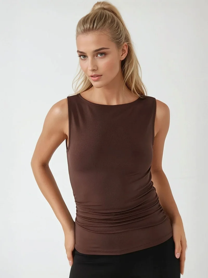 Hiccup Brown Boat Neck Slim Fit Knitted Top for Women | Best Price UAE