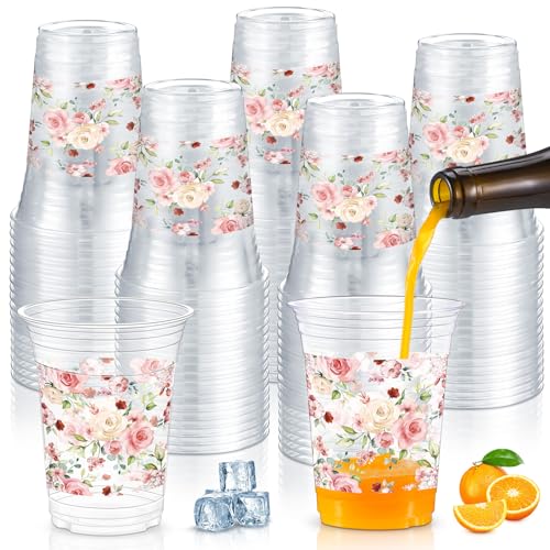 Jinei 60 Pcs Floral Plastic Cups 16 oz Spring Wedding Flower Cups Bulk Disposable Wildflower Drinking Favors for Wedding Baby Shower Birthday Floral Tea Party Supplies - Image 1