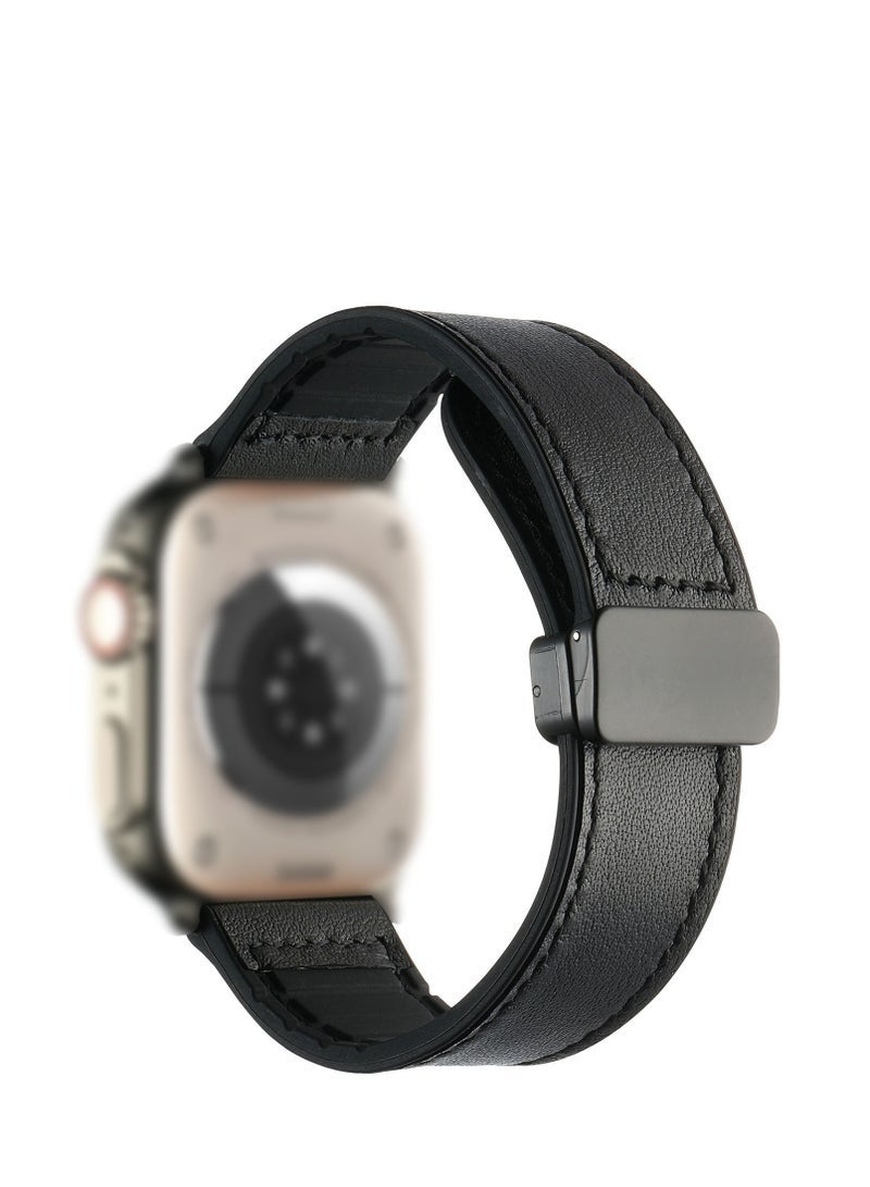 Bukela Magnetic Leather Watch Band for Apple Watch Ultra, 49mm 45mm 44mm 42mm, Magnetic Buckle Replacement Genuine Leather Strap for Apple Watch Series, Black - Image 1