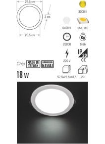 CATA ضوء بانل LED مغمور 18 واط CT-5149 - ضوء أبيض - هيكل من الألمنيوم  - Image 2