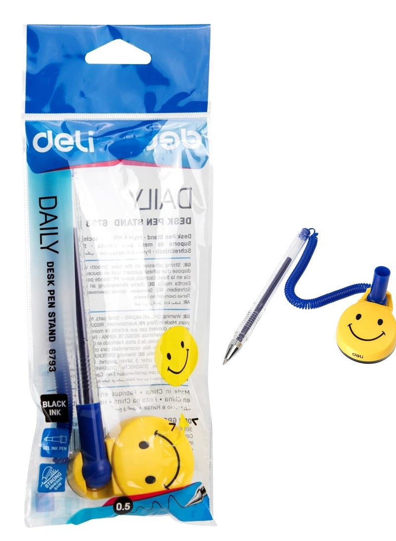 Deli 1-Piece Reception Counter Pen With Chain And Adhesive Smiley Base Blue Ink - Image 1