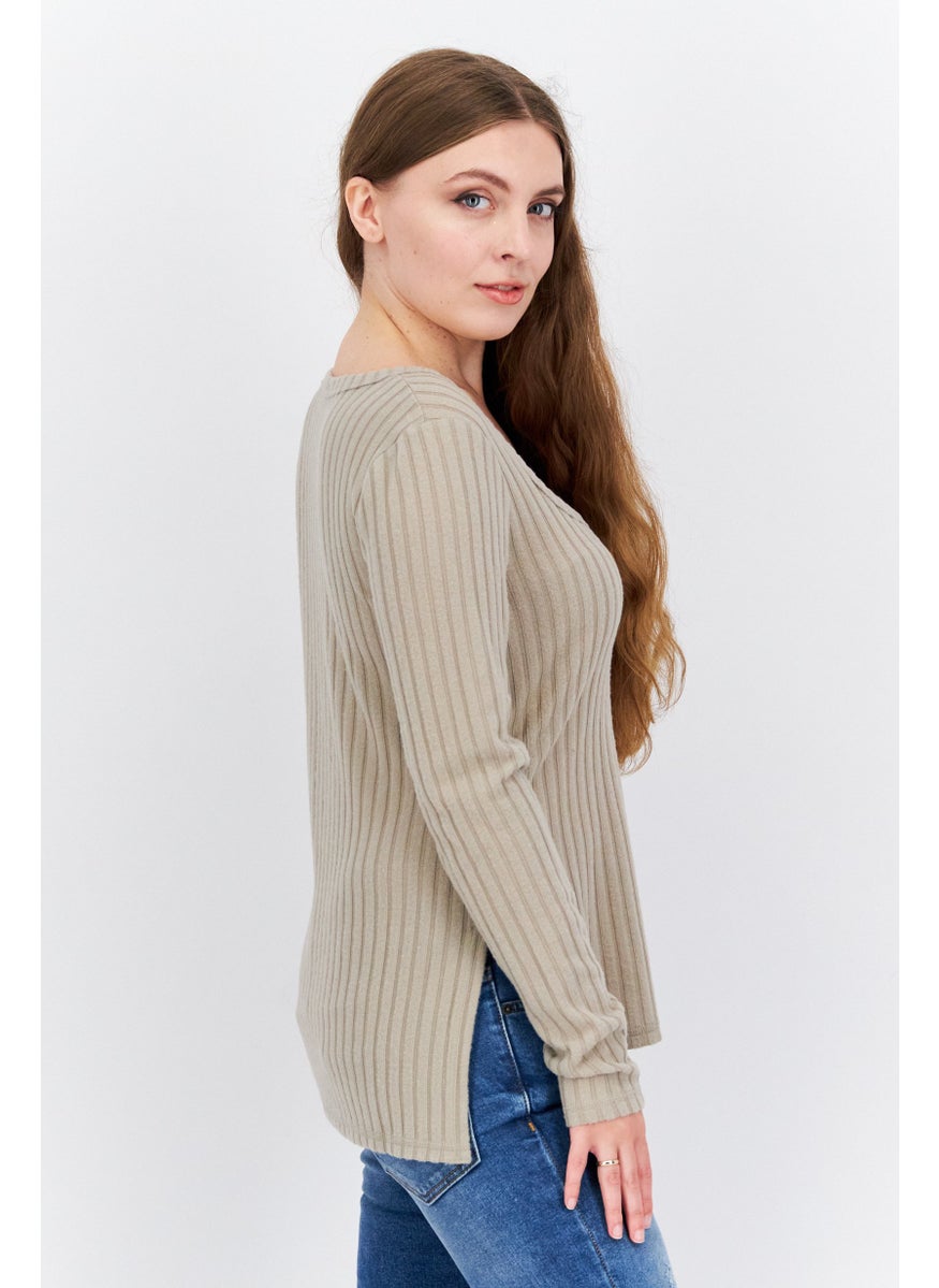 Sage Collective Women Scoop Neck Long Sleeve Ribbed Blouse, Dune  - Image 2