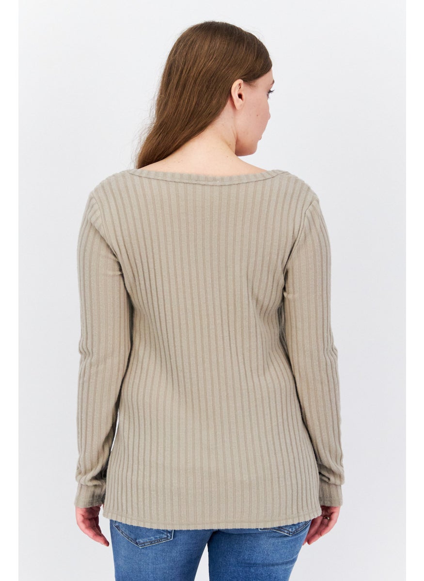Sage Collective Women Scoop Neck Long Sleeve Ribbed Blouse, Dune  - Image 3