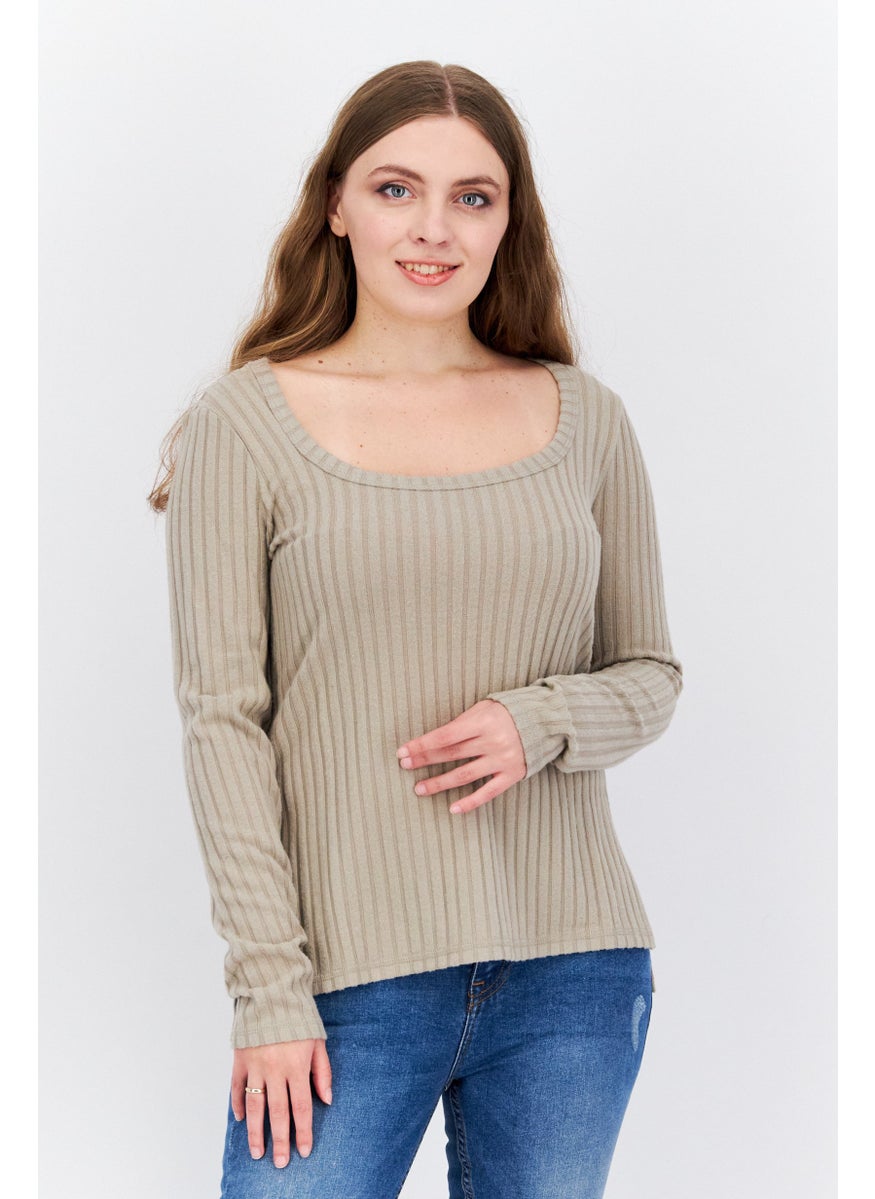 Sage Collective Women Scoop Neck Long Sleeve Ribbed Blouse, Dune  - Image 1