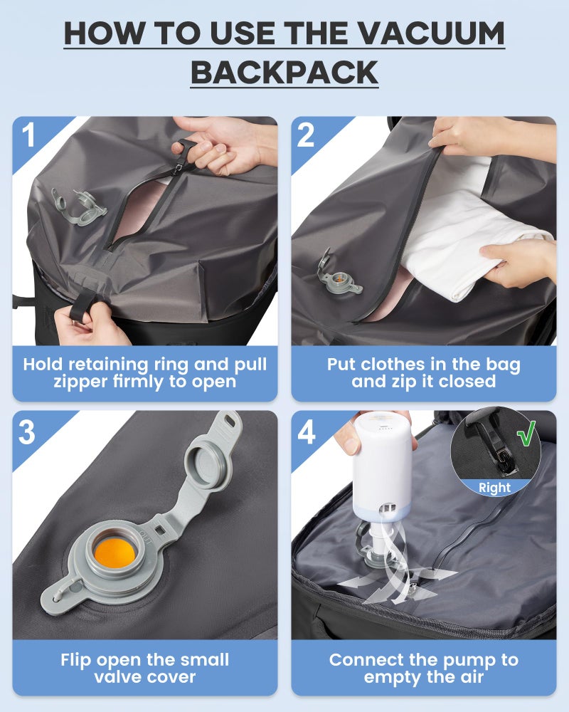 livbote Vacuum Backpack Travel with Pump, Travel Carry On Backpack with Vacuum Compression System, Mochila de viaje compresion al vacio - Black - Image 3