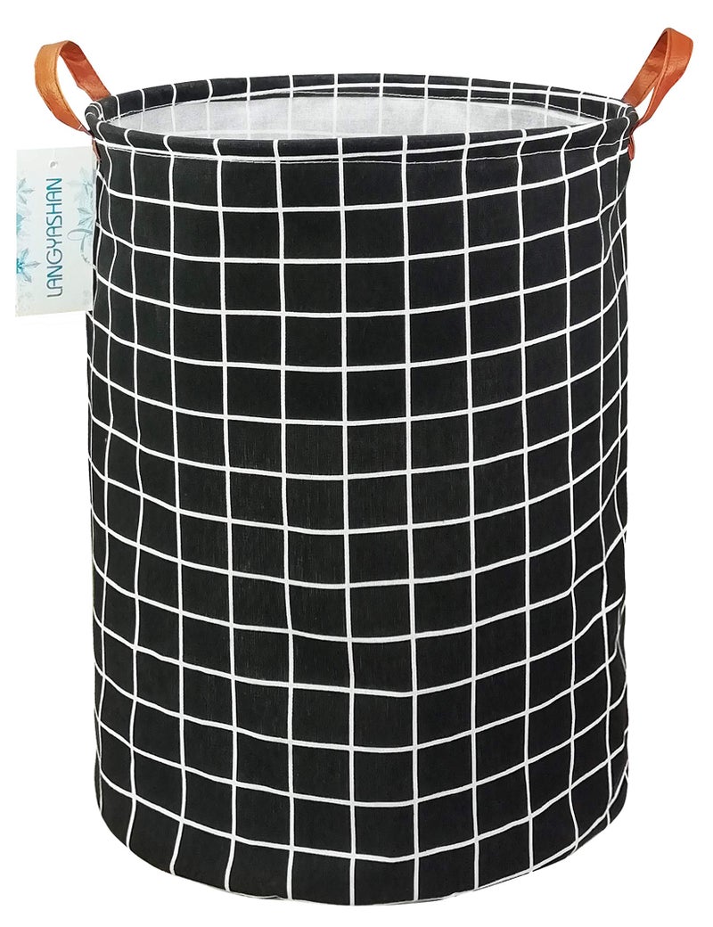 LANGYASHAN Laundry Basket Canvas Fabric Collapsible Organizer Basket for Storage Bin Toy Bins Gift Baskets Bedroom Clothes Children Nursery Hamper Black Grid