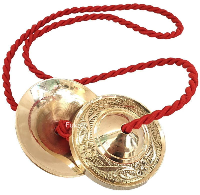 FUKREY Brass Manjira Manjeera Instrument Hand Cymbals Bells, Handmade Brass Percussion Traditional Indian Musical Instrument - Image 1