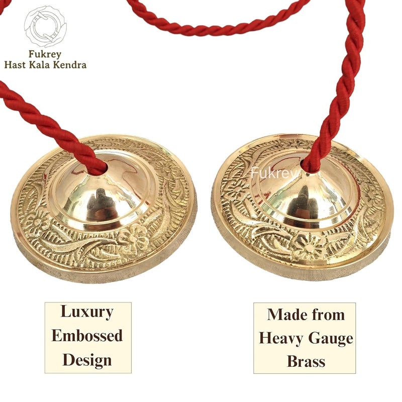 FUKREY Brass Manjira Manjeera Instrument Hand Cymbals Bells, Handmade Brass Percussion Traditional Indian Musical Instrument - Image 2