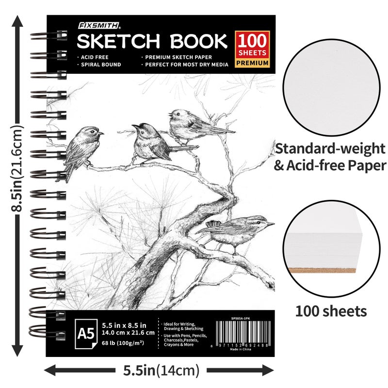 FIXSMITH 5.5"X8.5" Sketch Book | 100 Sheets (68 lb/100gsm) Sketchbook| Acid Free Drawing Paper | Spiral Bound Artist Sketch Pad | for Kids, Beginners, Artists & Professionals | Bright White - Image 3