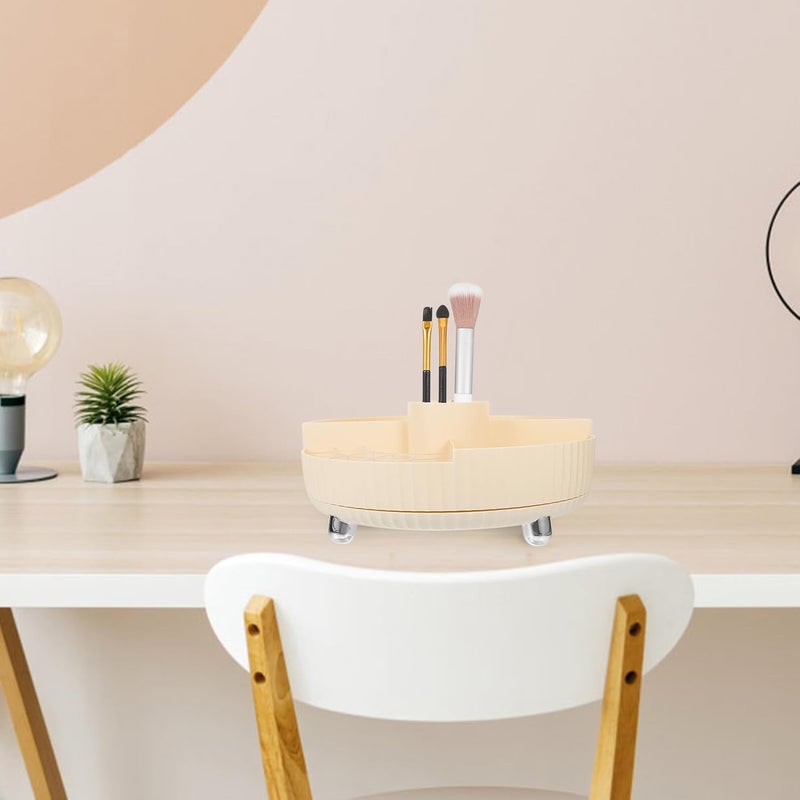 Rotating Makeup Organizer with 360° Rotation, Makeup Brush Holder Container, Beige Cosmetic Storage Tray for Vanity Countertop, Perfume and Lipstick Organizer for Women - Image 5