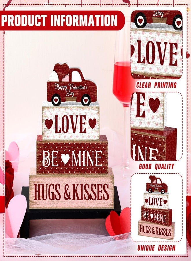 Marsui 4 Pcs Valentine's Day Decorations Valentines Centerpieces for Tables Farmhouse Valentines Day Tiered Tray Decor Rustic Red Pink Truck Wood Block Sign Valentine Table Decor for Home Desk Decor - Image 4