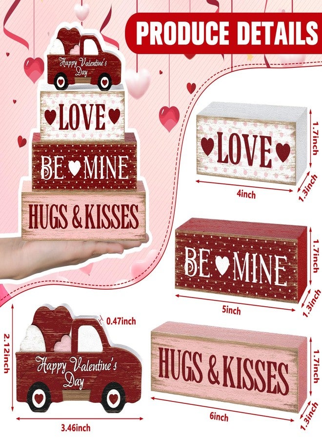 Marsui 4 Pcs Valentine's Day Decorations Valentines Centerpieces for Tables Farmhouse Valentines Day Tiered Tray Decor Rustic Red Pink Truck Wood Block Sign Valentine Table Decor for Home Desk Decor - Image 3