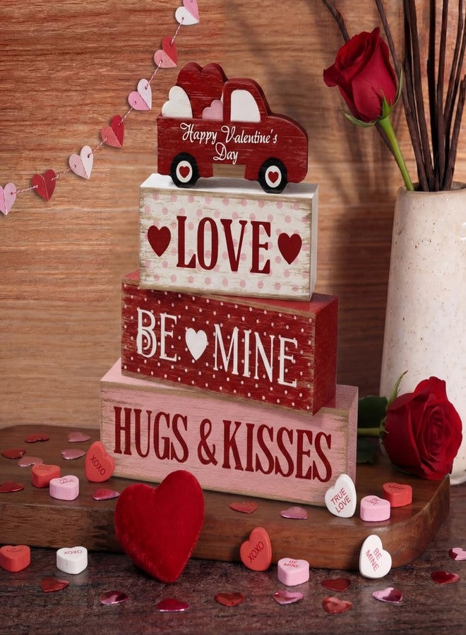 Marsui 4 Pcs Valentine's Day Decorations Valentines Centerpieces for Tables Farmhouse Valentines Day Tiered Tray Decor Rustic Red Pink Truck Wood Block Sign Valentine Table Decor for Home Desk Decor - Image 1