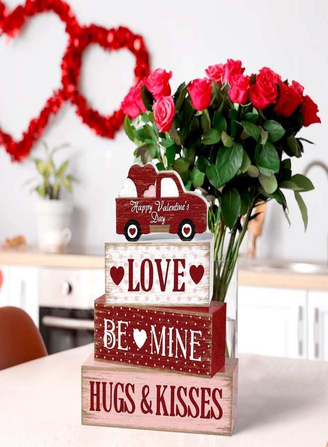 Marsui 4 Pcs Valentine's Day Decorations Valentines Centerpieces for Tables Farmhouse Valentines Day Tiered Tray Decor Rustic Red Pink Truck Wood Block Sign Valentine Table Decor for Home Desk Decor - Image 5
