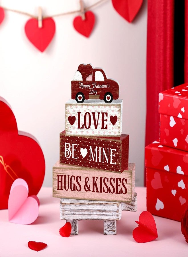 Marsui 4 Pcs Valentine's Day Decorations Valentines Centerpieces for Tables Farmhouse Valentines Day Tiered Tray Decor Rustic Red Pink Truck Wood Block Sign Valentine Table Decor for Home Desk Decor - Image 2
