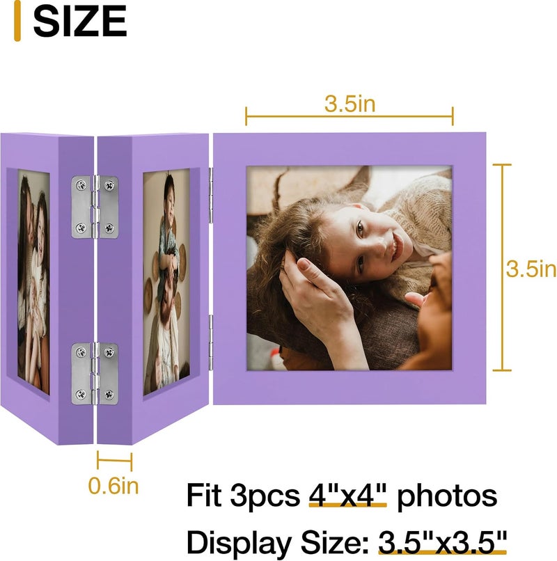 decorUhome Triple 4x4 Picture Frame Vertical, Engineered Wood Trifold Photo Frame with Plexiglass for Tabletop Display, 4x4, Purple - Image 4