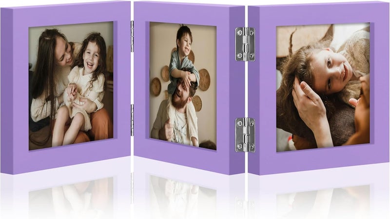 decorUhome Triple 4x4 Picture Frame Vertical, Engineered Wood Trifold Photo Frame with Plexiglass for Tabletop Display, 4x4, Purple - Image 1
